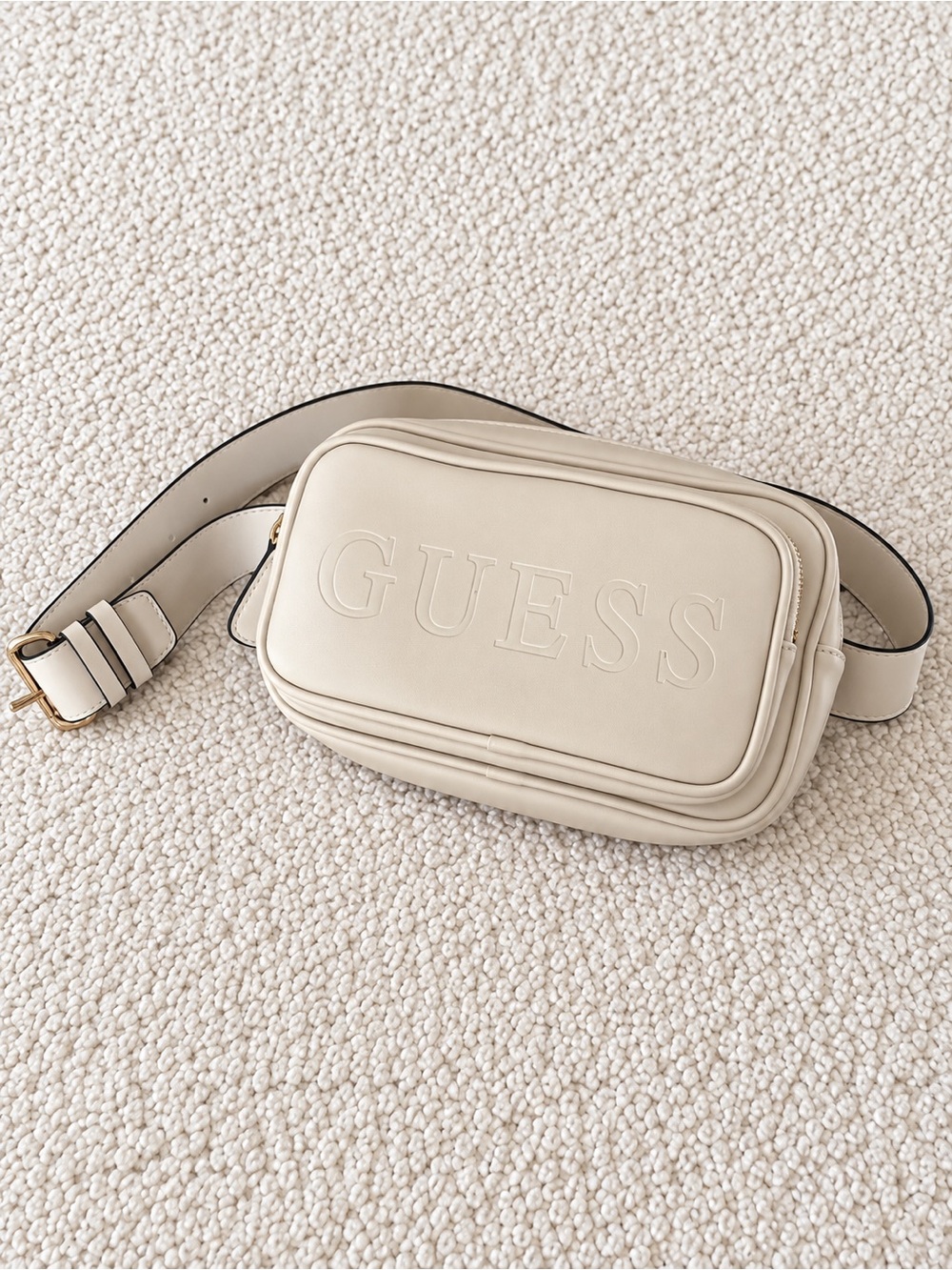 GUESS Cream Ivory Logo Belt Bag Waist Fanny Pack Gold Hardware